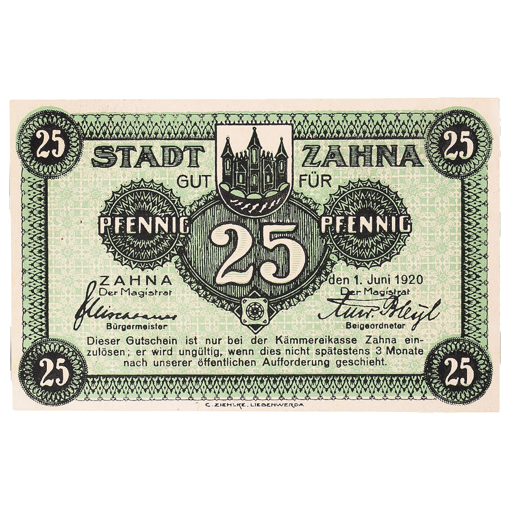 Banconote, Germania, Zahna, 25 Pfennig, château 1920-06-01, SPL Mehl:Z1.1e