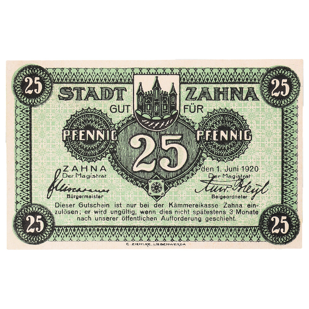 Banconote, Germania, Zahna, 25 Pfennig, château 1920-06-01, SPL Mehl:Z1.1e