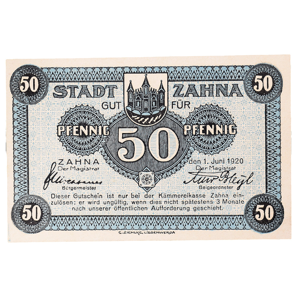 Banconote, Germania, Zahna, 50 Pfennig, Blason 1920-06-01, SPL Mehl:Z1.1e