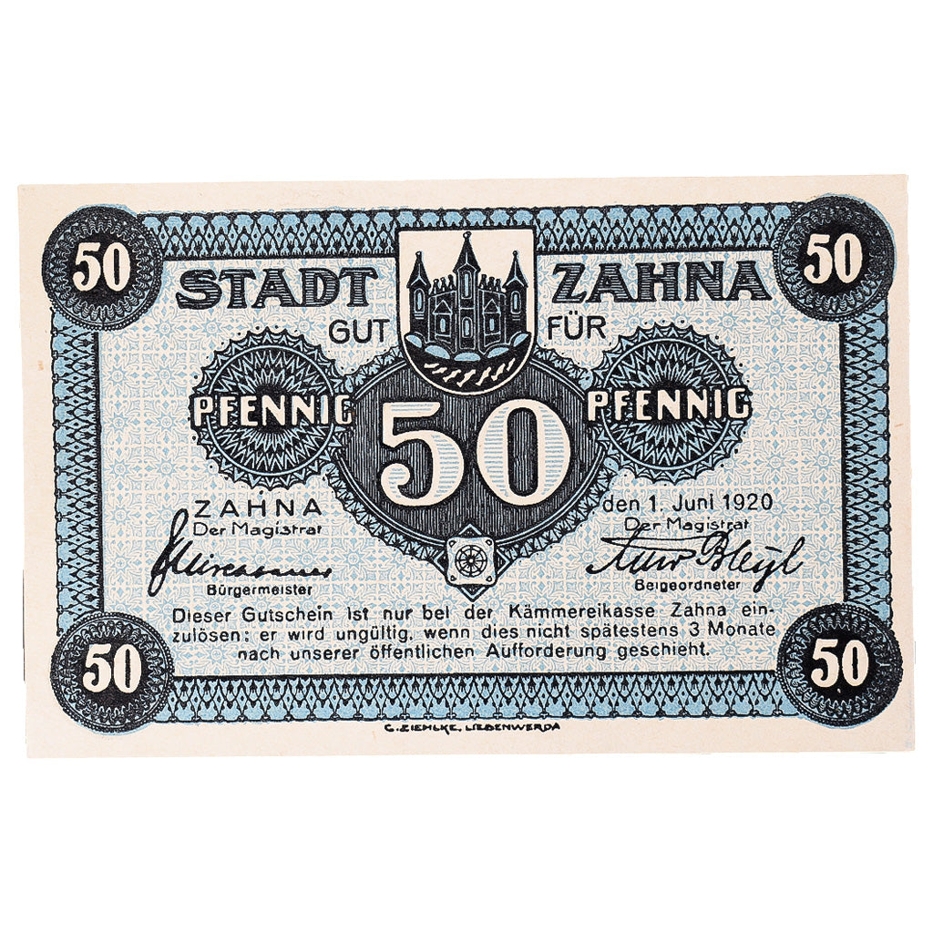 Banconote, Germania, Zahna, 50 Pfennig, Blason 1920-06-01, SPL Mehl:Z1.1e