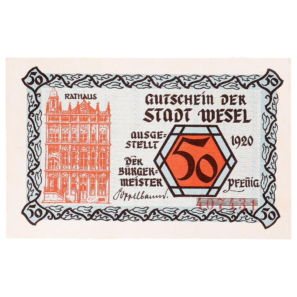 Geldschein, Deutschland, Wesel, 50 Pfennig, mairie 1923-09-30, UNZ- Mehl:W31.4b