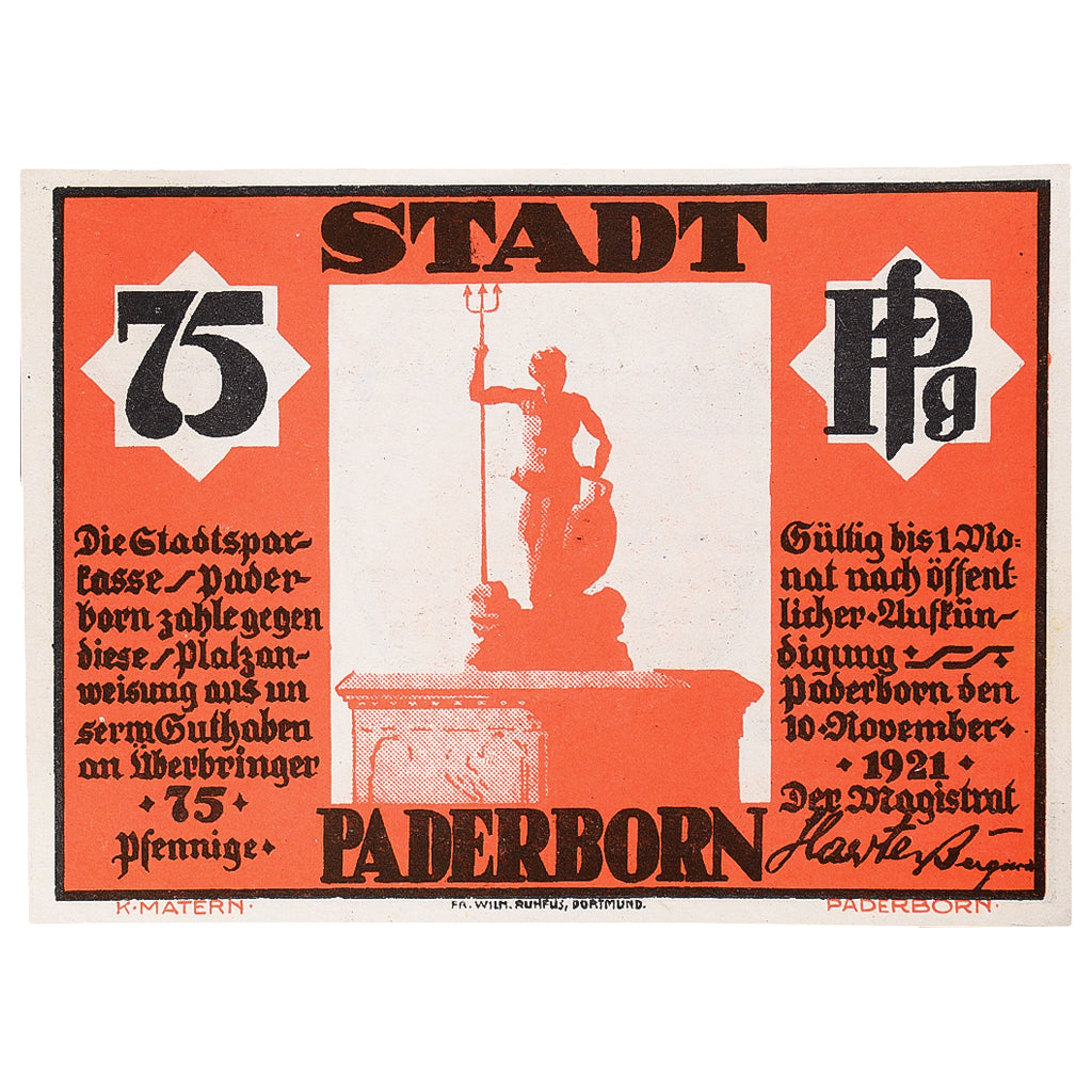 Billete, Alemania, Paderborn, 75 Pfennig, portrait, 1921 SC Mehl:1043.1