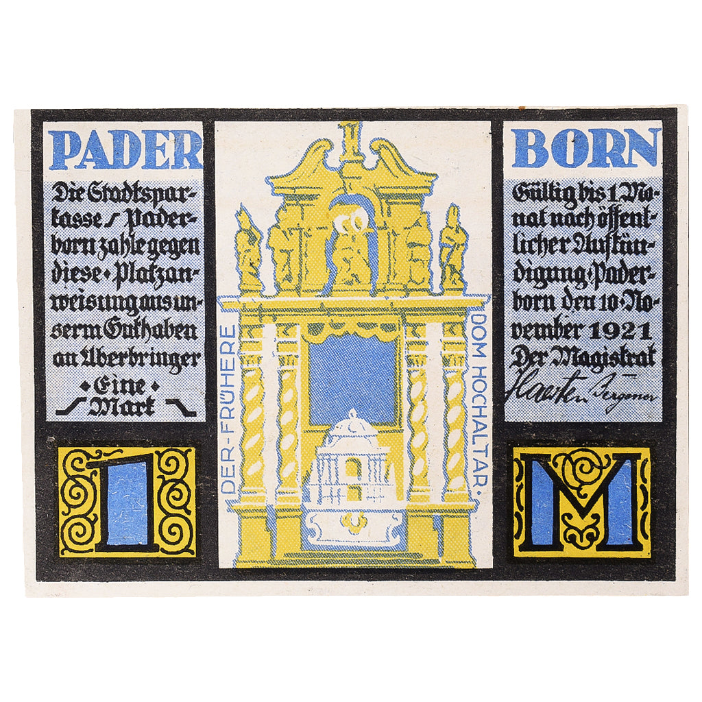 Banknot, Niemcy, Paderborn, 1 Mark, Eglise 1921-11-10, UNC(63) Mehl:1043.1