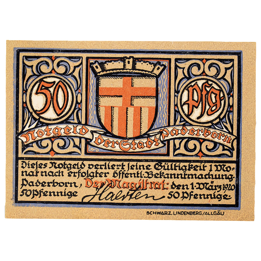 Geldschein, Deutschland, Paderborn, 50 Pfennig, Blason 1920, UNZ- Mehl:P1.4a