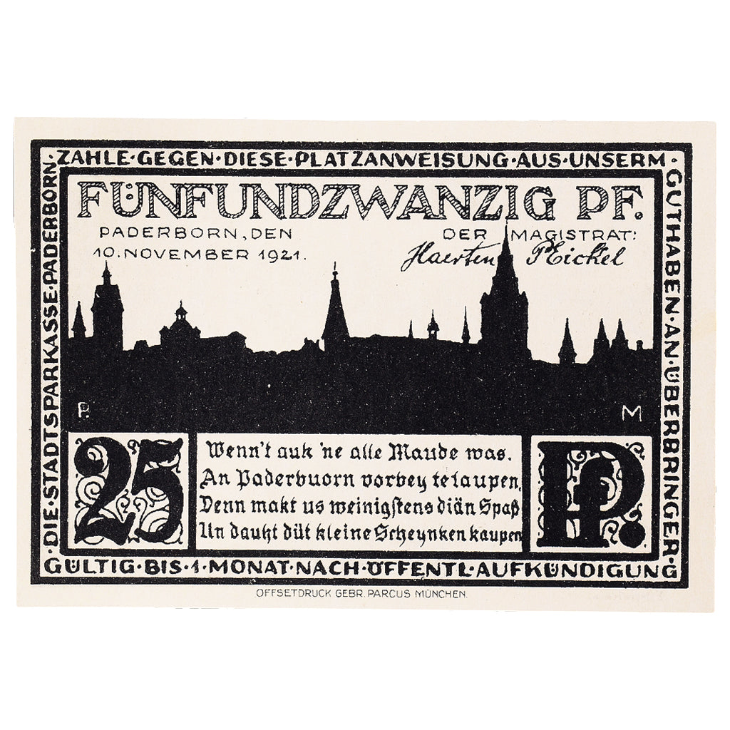 Geldschein, Deutschland, Paderborn, 25 Pfennig, rue 1921-11-10, UNZ- Mehl:1043.6
