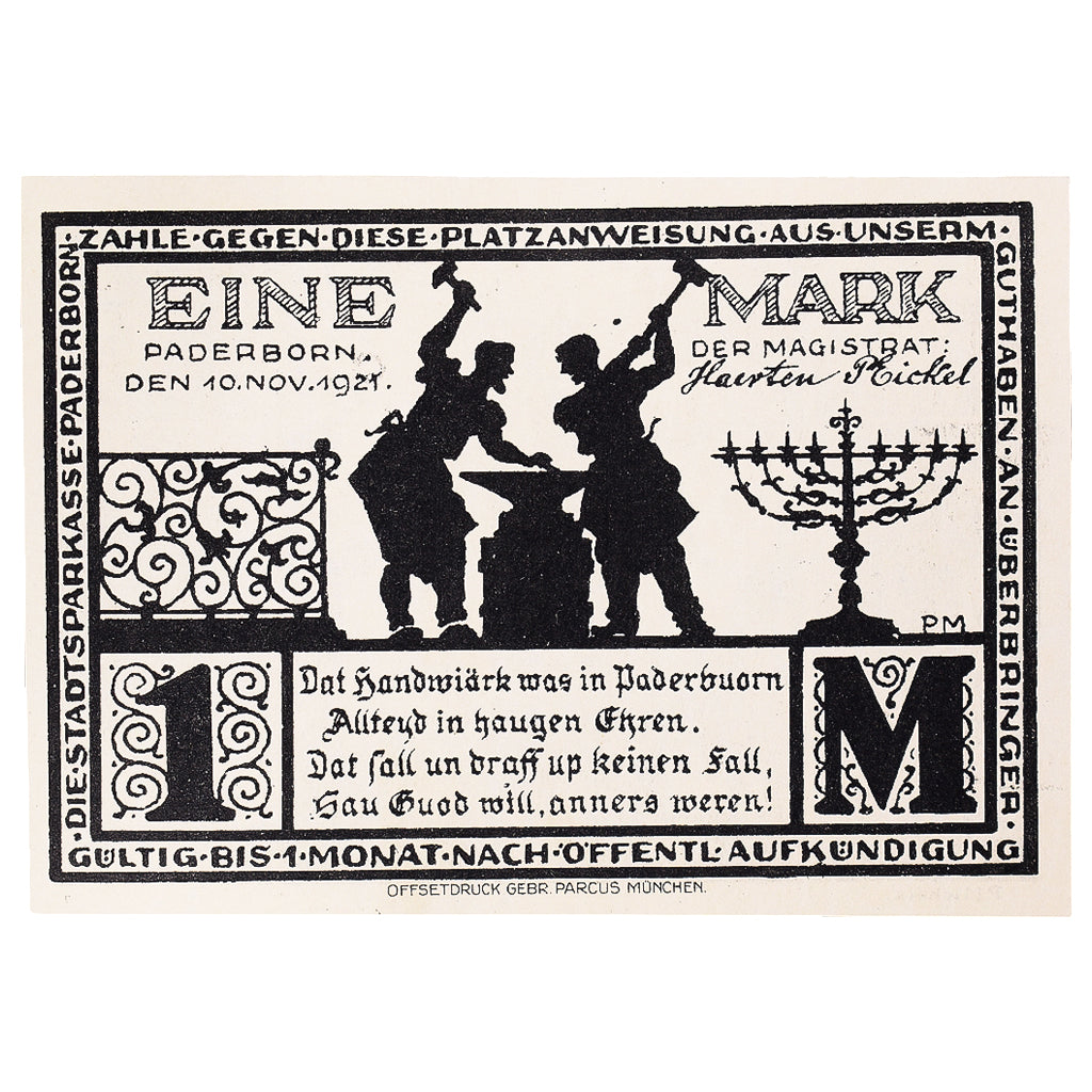 Banconote, Germania, Paderborn, 1 Mark, Batiment 1921-11-10, SPL Mehl:1043.6
