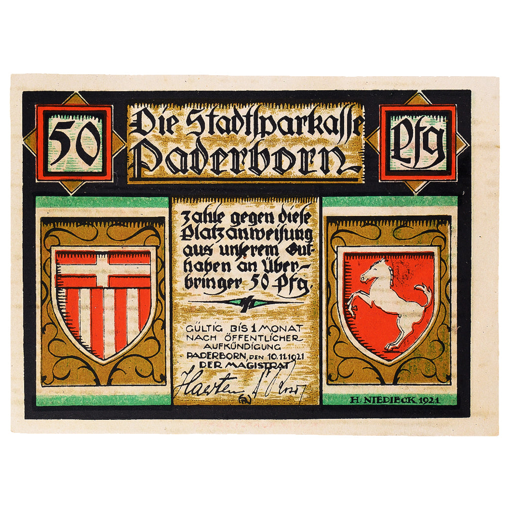 Geldschein, Deutschland, Paderborn, 50 Pfennig, Blason 1921 UNZ- Mehl:1043.2
