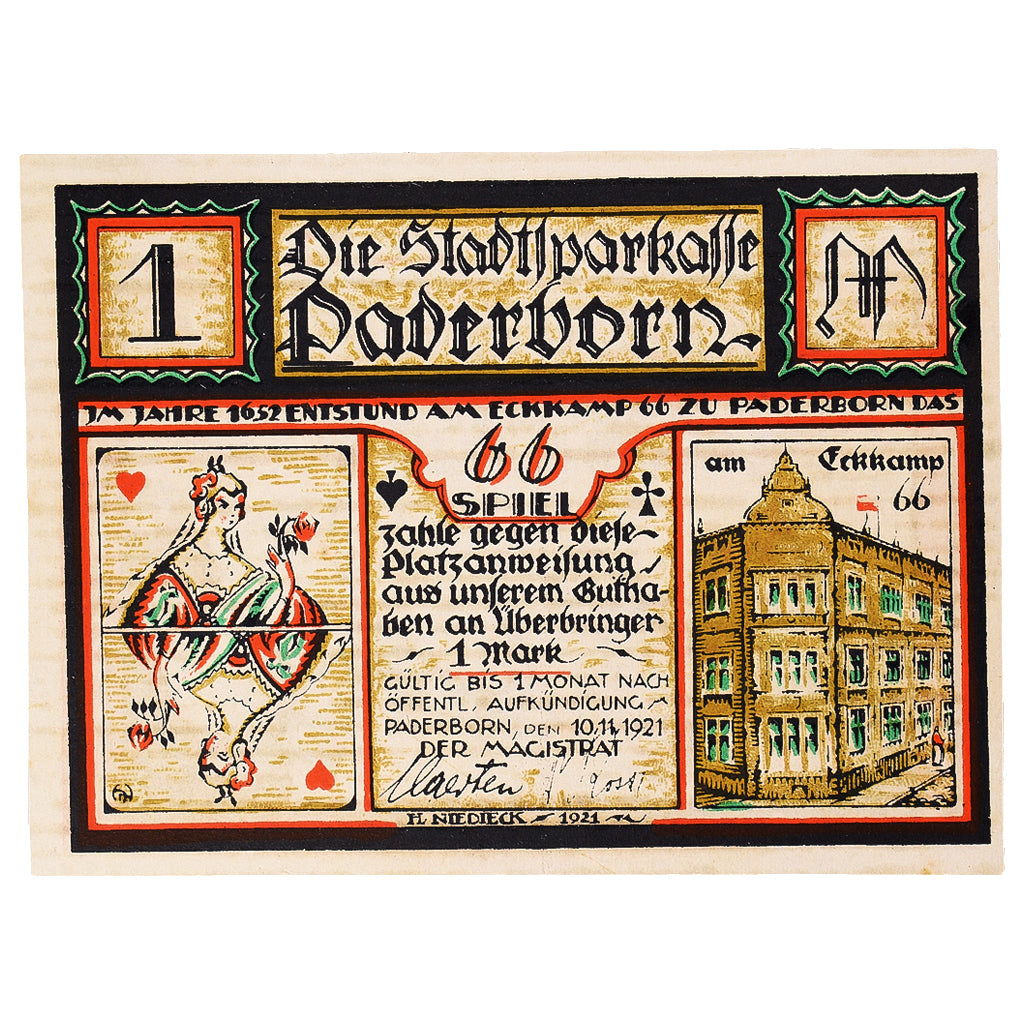Banknot, Niemcy, Paderborn, 1 Mark, jeu, 1921, 1921-11-10, UNC(63), Mehl:1043.2
