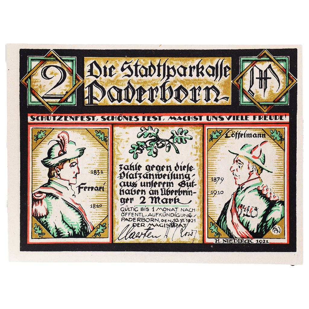 Geldschein, Deutschland, Paderborn, 2 Mark, armée 1921-11-10, UNZ- Mehl:1043.2