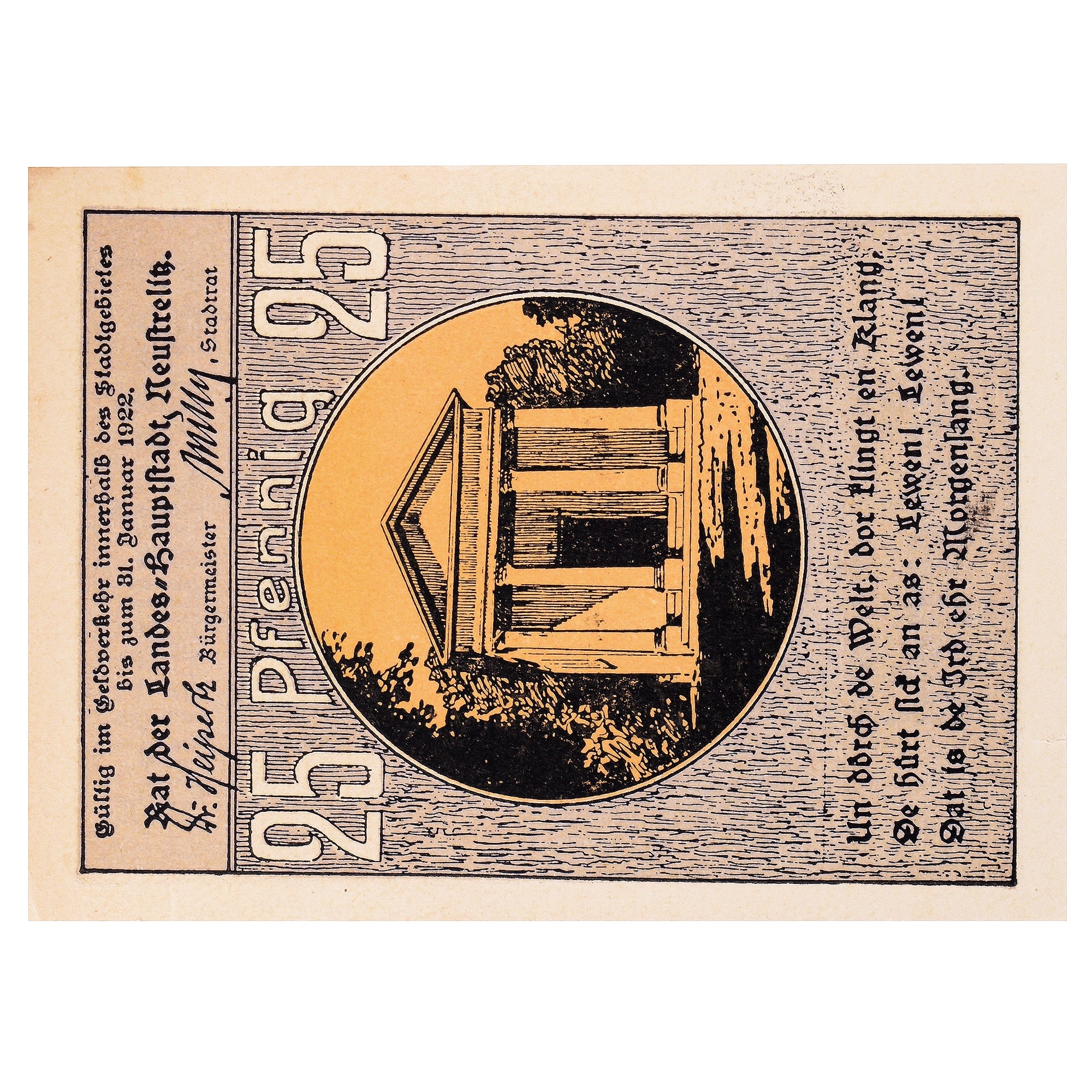 Banconote, Germania, Neustrelitz, 25 Pfennig, mairie, 1922 SPL Mehl:969.1