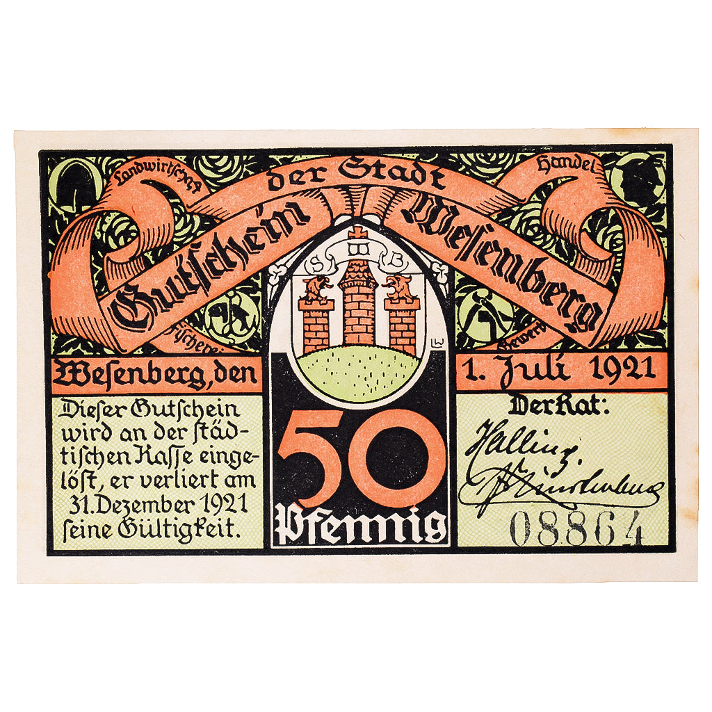 Nota, Alemanha, Wesenberg, 50 Pfennig, pêche 1921-12-31, UNC(63) Mehl:1410.1a