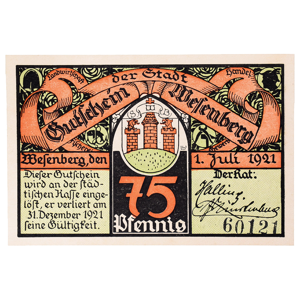 Banknot, Niemcy, Wesenberg, 75 Pfennig, chevalier, 1921 UNC(63) Mehl:1410.1a
