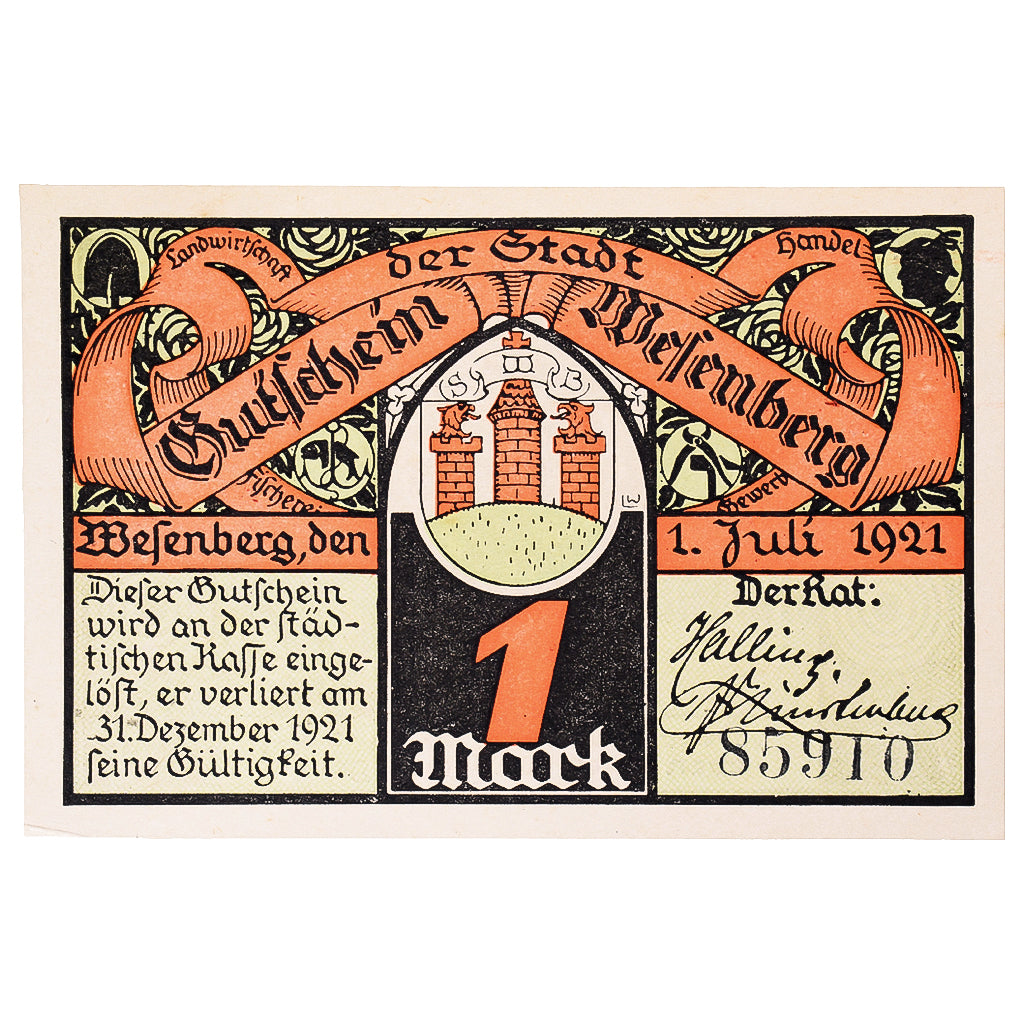 Banknot, Niemcy, Wesenberg, 1 Mark, armée 1921-12-31, UNC(63) Mehl:1410.1a