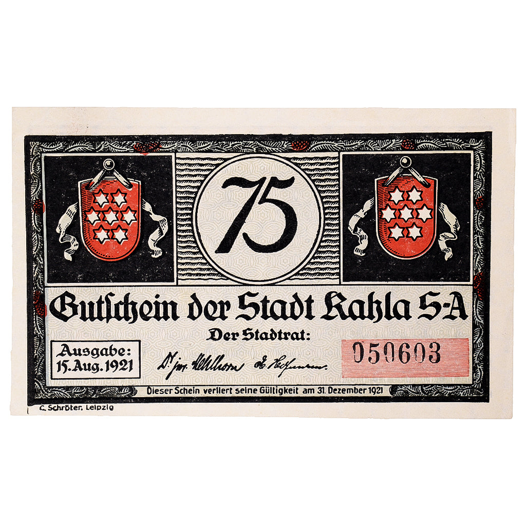 Banconote, Germania, Kahla, 75 Pfennig, Blason 1921-12-31, SPL Mehl:668.2a