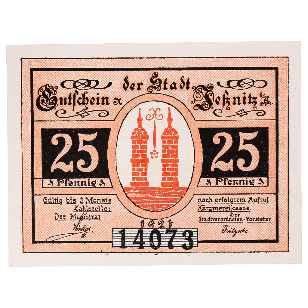 Banknot, Niemcy, Jessnitz, 25 Pfennig, château, 1921, UNC(63), Mehl:659.1
