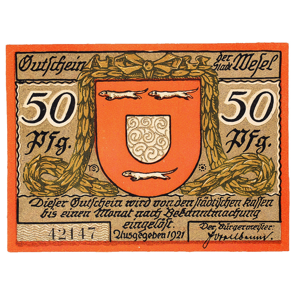 Geldschein, Deutschland, Wesel, 50 Pfennig, Monument, 1921, UNZ-, Mehl:1409.1a