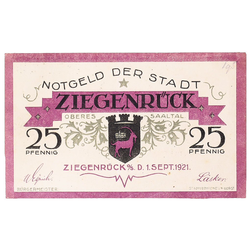Geldschein, Deutschland, Ziegenrück, 25 Pfennig, fleuve, 1921 UNZ- Mehl:1472.1a