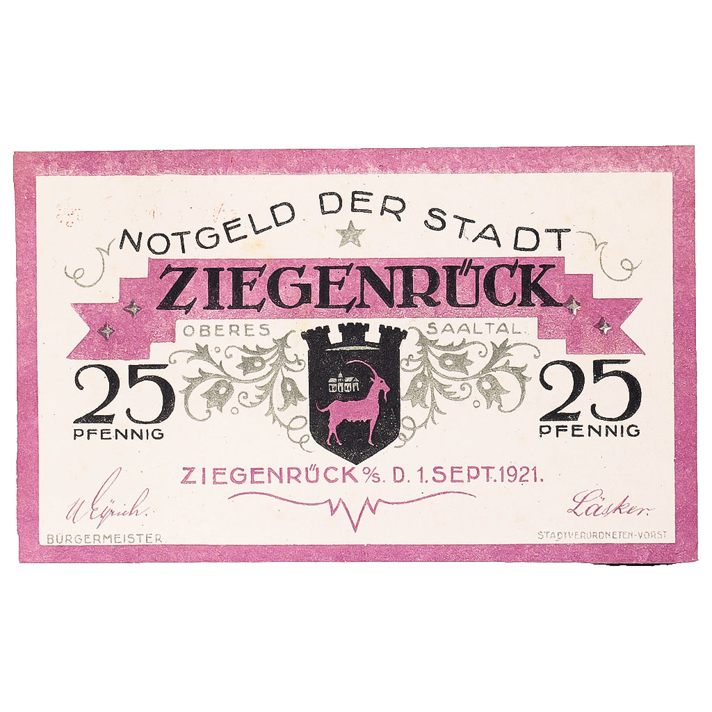 Banknote, Germany, Ziegenrück, 25 Pfennig, paysage, 1921 UNC(63) Mehl:1472.1a