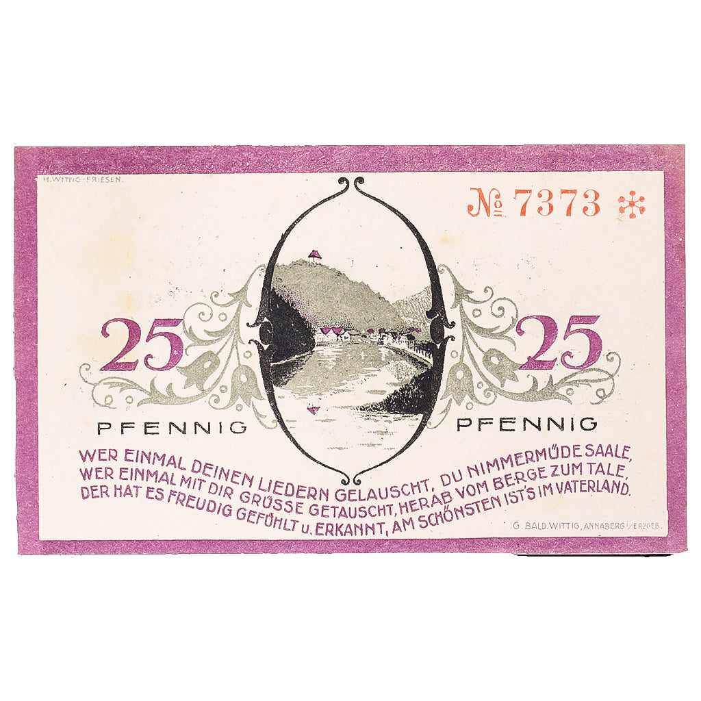 Banknote, Germany, Ziegenrück, 25 Pfennig, paysage, 1921 UNC(63) Mehl:1472.1a