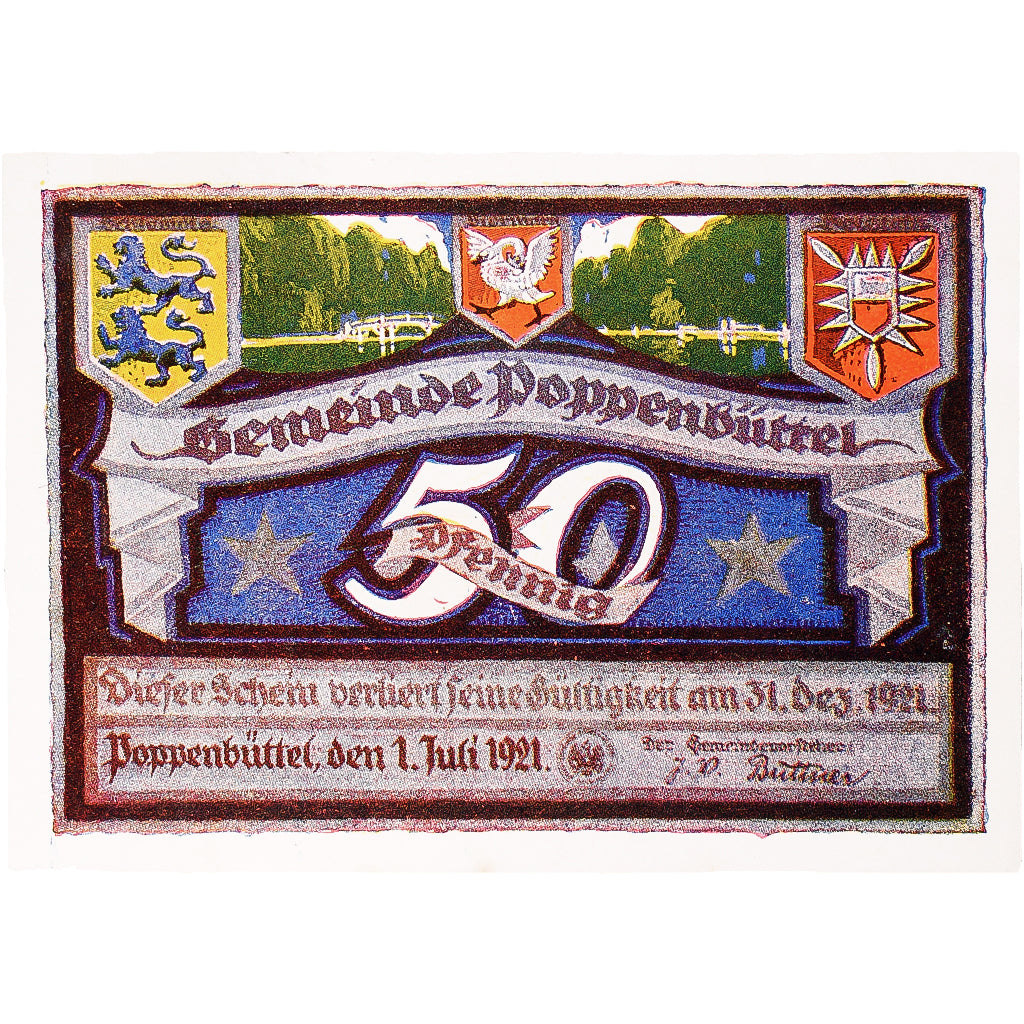 Geldschein, Deutschland, Poppenbüttel, 50 Pfennig, Rivière 1921 UNZ- Mehl:1068.1
