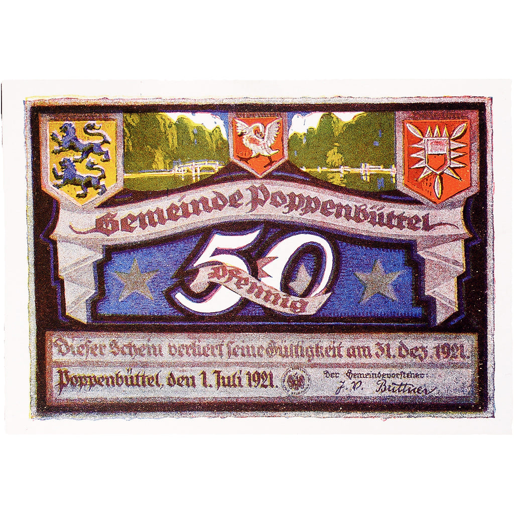 Geldschein, Deutschland, Poppenbüttel, 50 Pfennig, Blason, 1921 UNZ- Mehl:1068.1