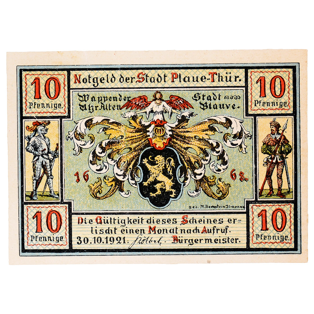 Banknot, Niemcy, Plaue Thür., 10 Pfennig, mairie 1921-10-30, UNC(63) Mehl:1062.1