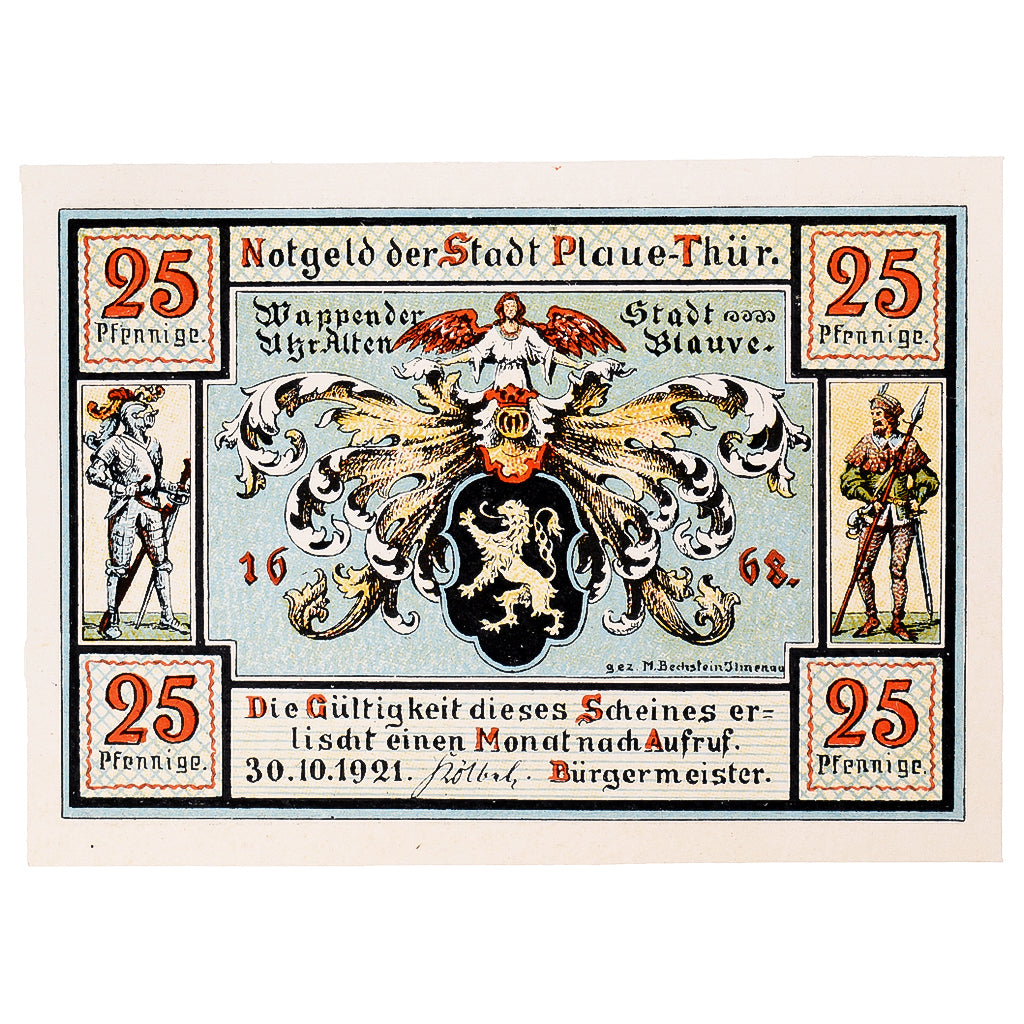 Banconote, Germania, Plaue Thür., 25 Pfennig, personnage, 1921 SPL Mehl:1062.1
