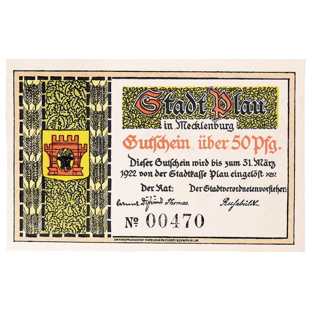 Geldschein, Deutschland, Plau, 50 Pfennig, pêche, 1922, UNZ- Mehl:1061.1