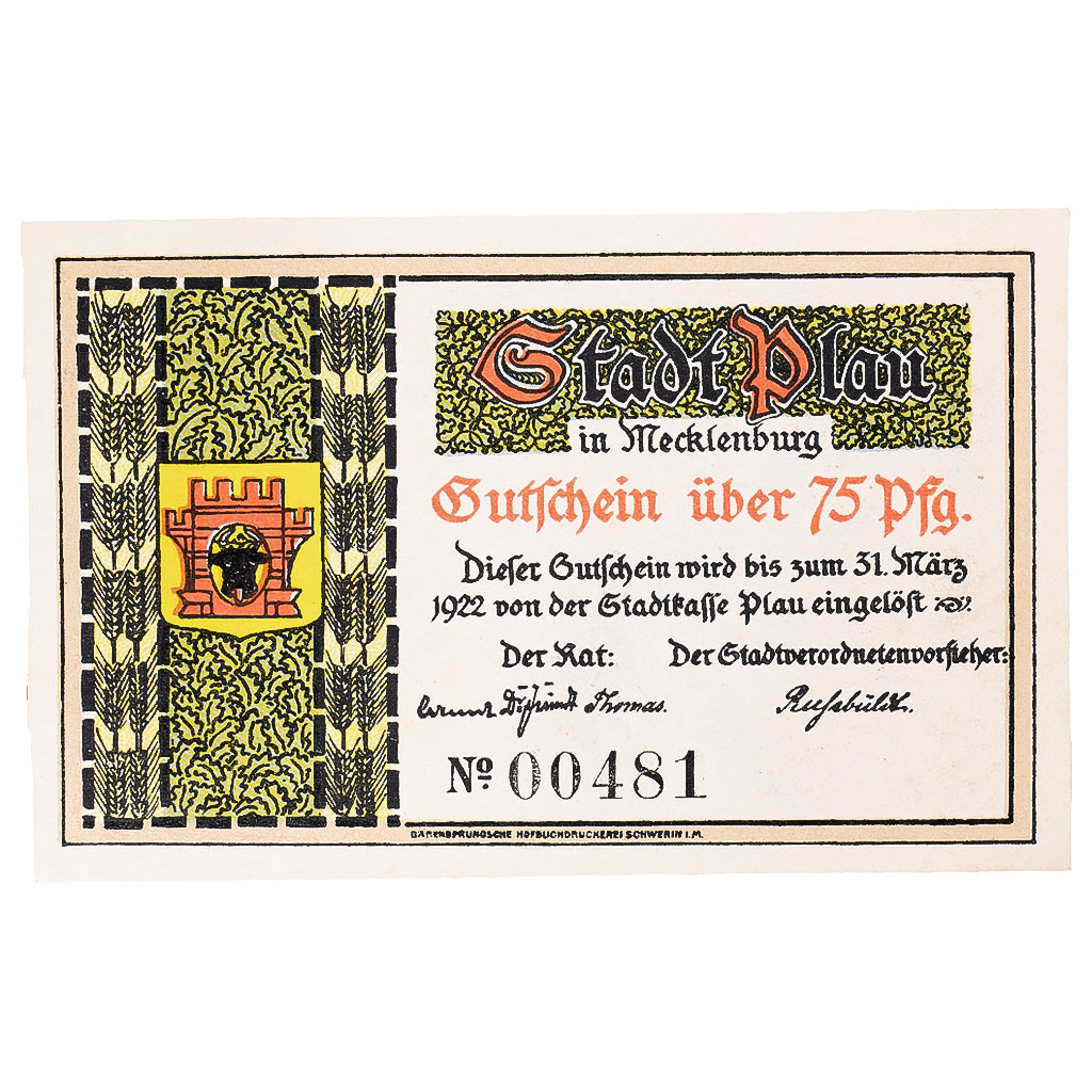 Geldschein, Deutschland, Plau, 75 Pfennig, personnage 1922, UNZ- Mehl:1061.1