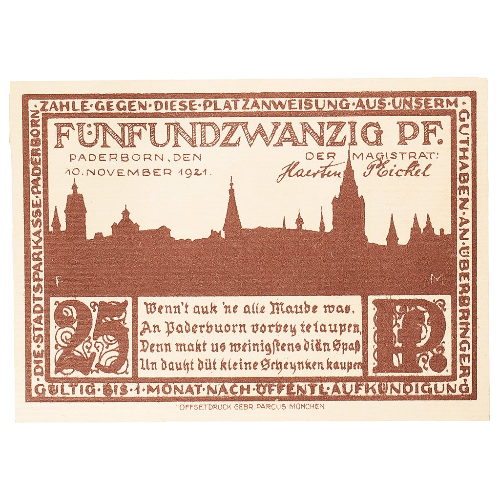 Banknot, Niemcy, Paderborn, 25 Pfennig, tour 1921-11-10, UNC(63) Mehl:1043.5