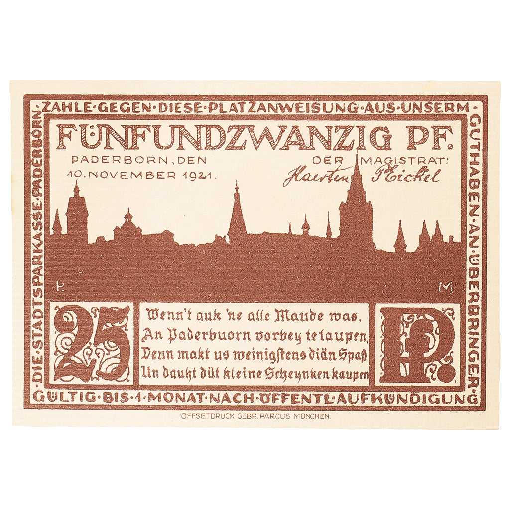 Banknot, Niemcy, Paderborn, 25 Pfennig, rue 1921-11-10, UNC(63) Mehl:1043.5