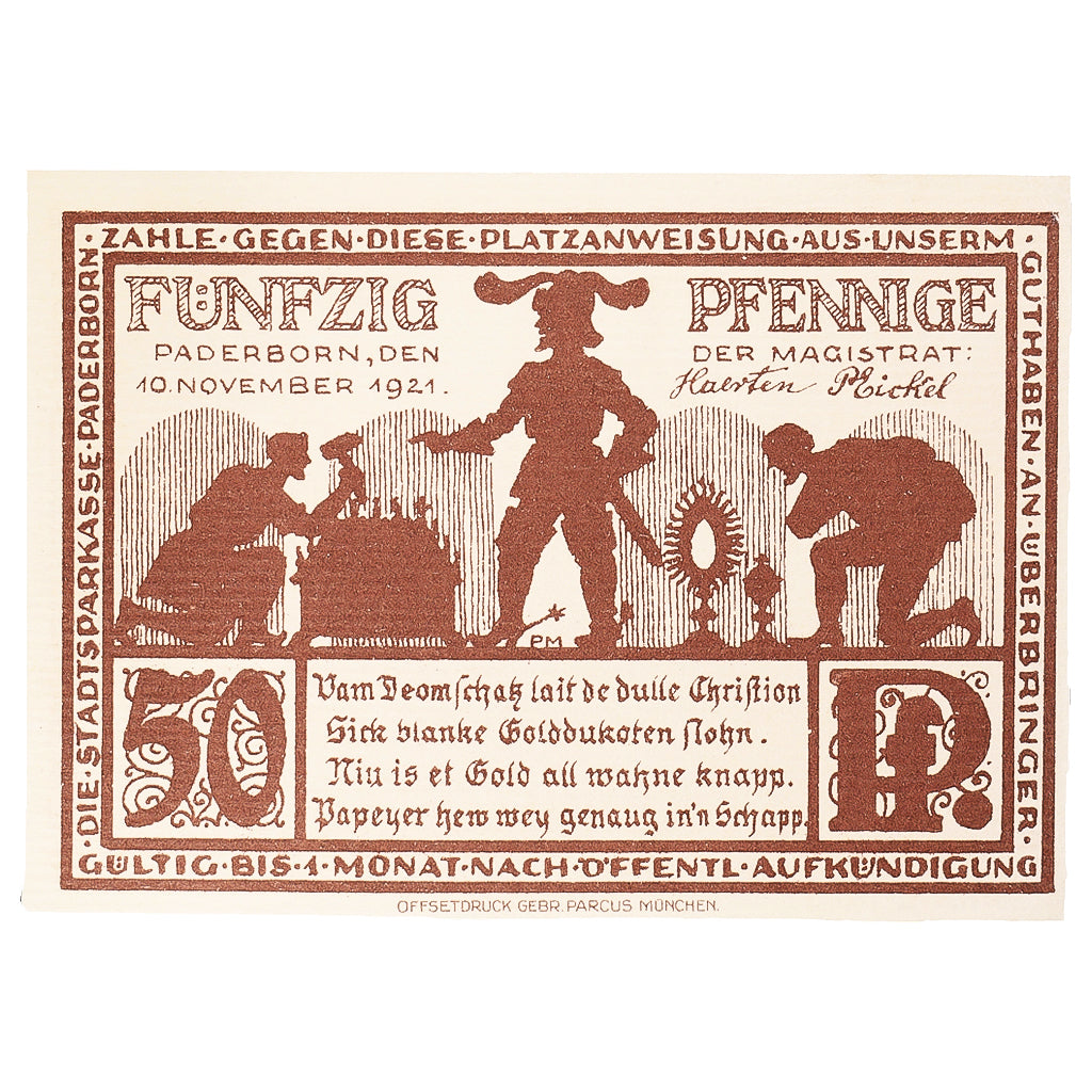 Geldschein, Deutschland, Paderborn, 50 Pfennig, Eglise 1921 UNZ- Mehl:1043.5