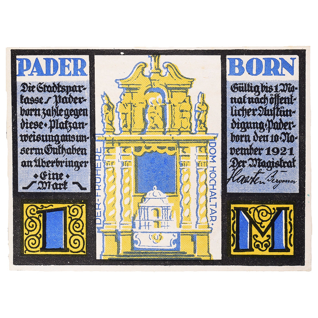 Banknot, Niemcy, Paderborn, 1 Mark, Eglise 1921-11-10, UNC(63) Mehl:1043.1