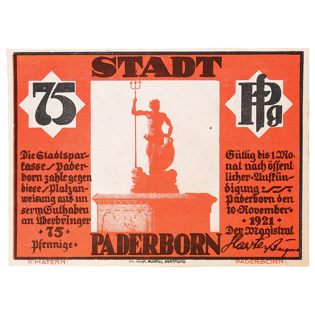 Banconote, Germania, Paderborn, 75 Pfennig, statue, 1921 SPL Mehl:1043.1