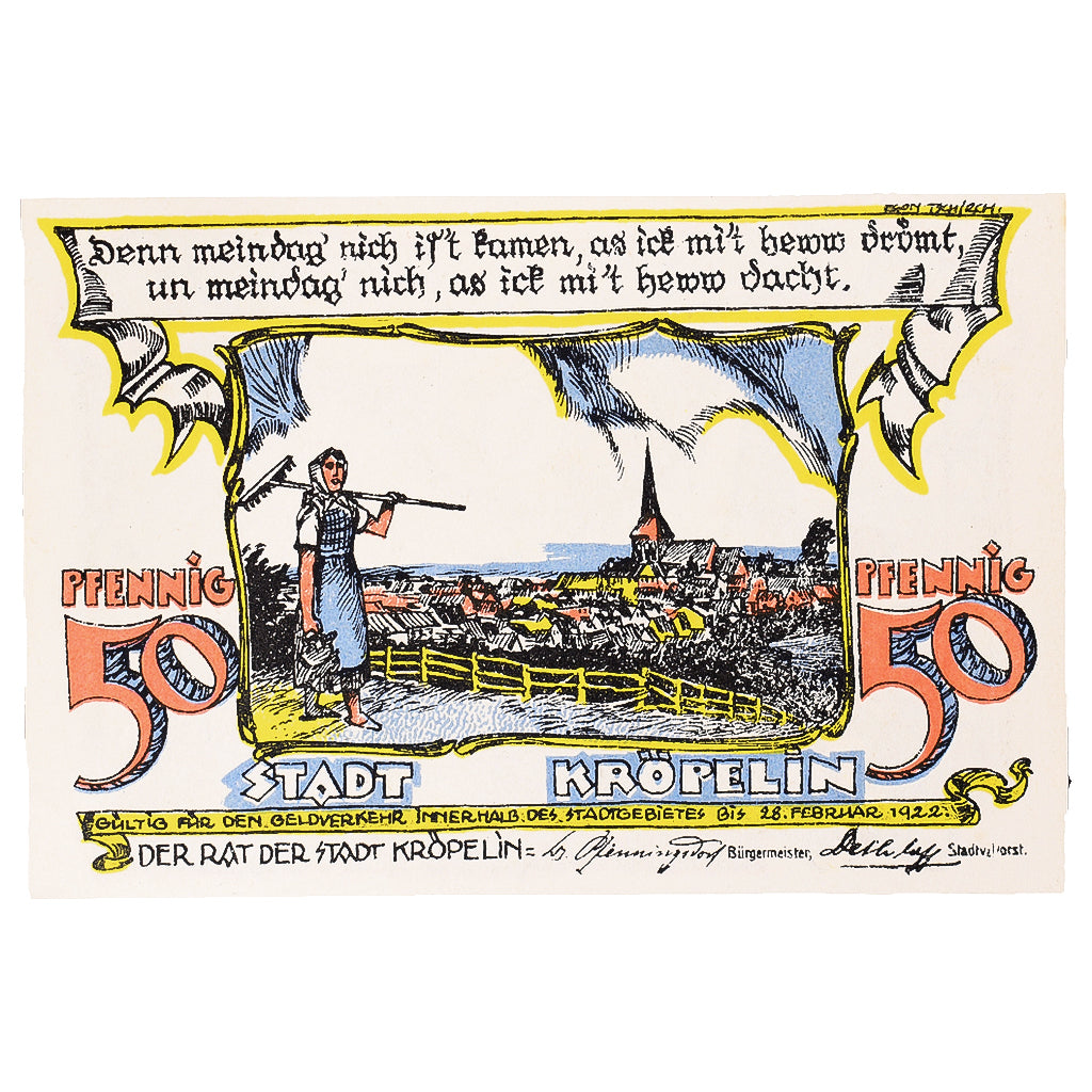 Banconote, Germania, Kröpelin, 50 Pfennig, village, 1922 SPL Mehl:746.1