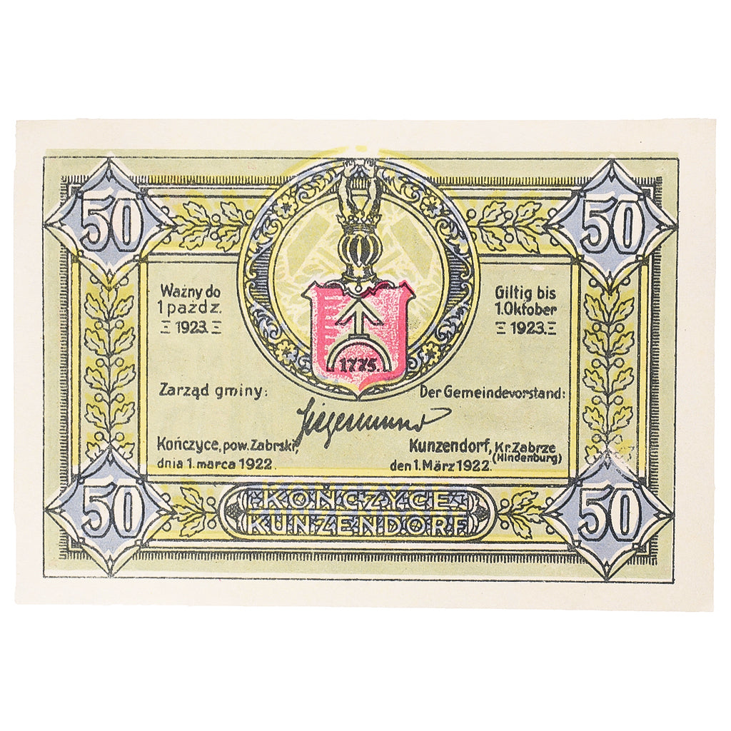 Banknot, Niemcy, Kunzendorf, 50 Pfennig, Blason, 1923 UNC(63) Mehl:750.1
