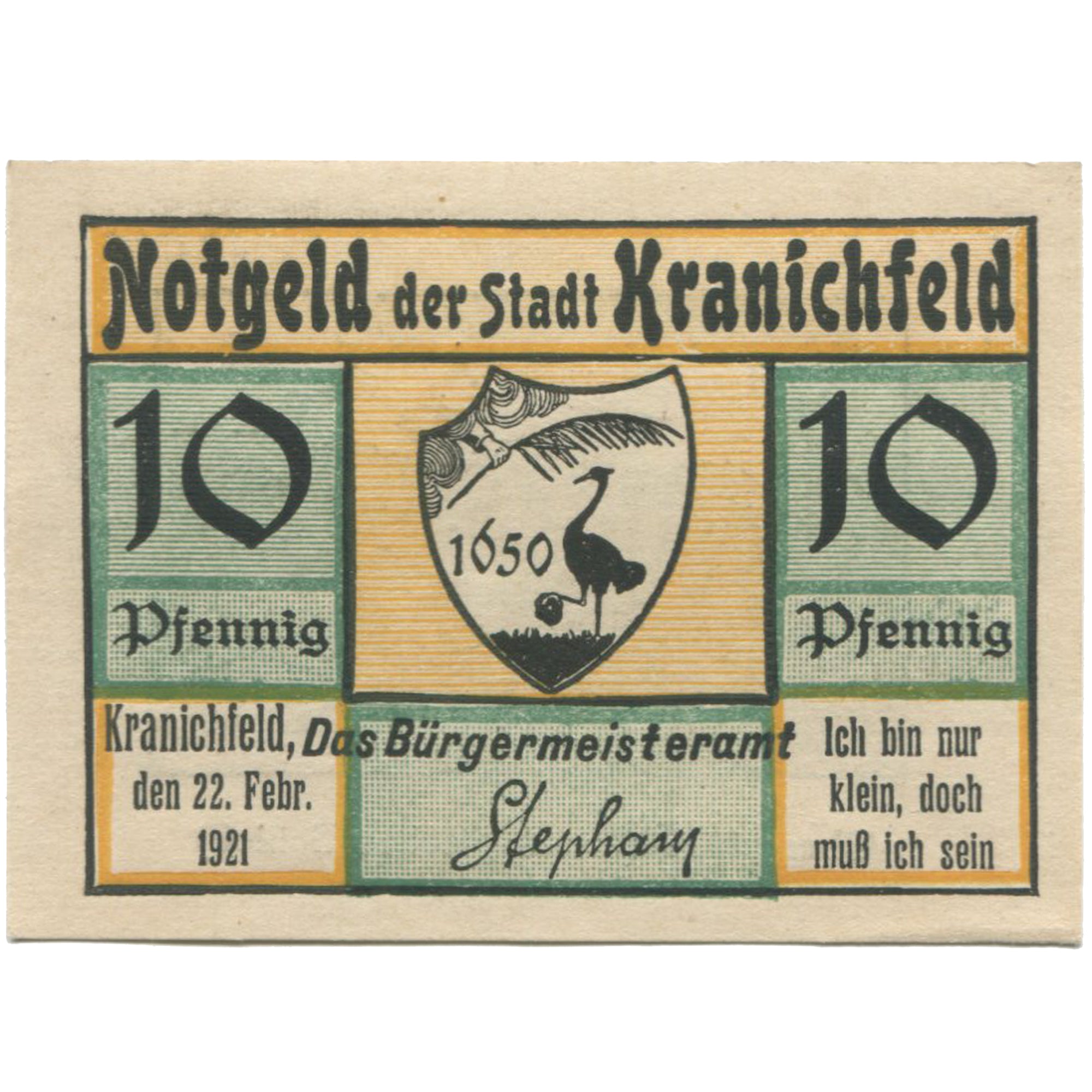 Banknot, Niemcy, Kranichfeld, 10 Pfennig, paysage 1921-02-22, UNC(63) Mehl:741.1