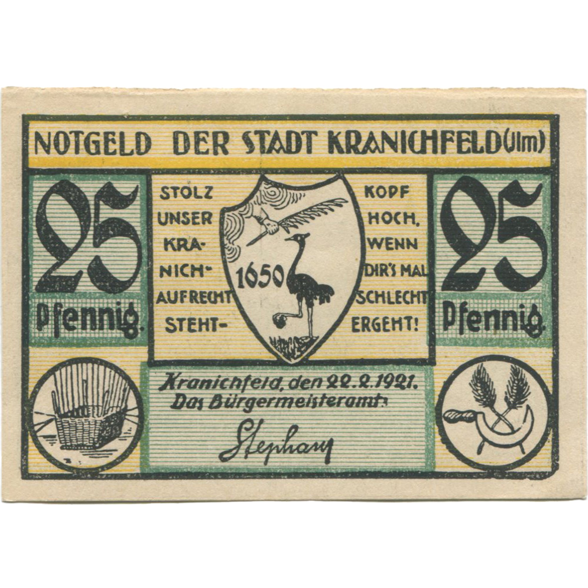Banknot, Niemcy, Kranichfeld, 25 Pfennig, village 1921-02-22, UNC(63) Mehl:741.1