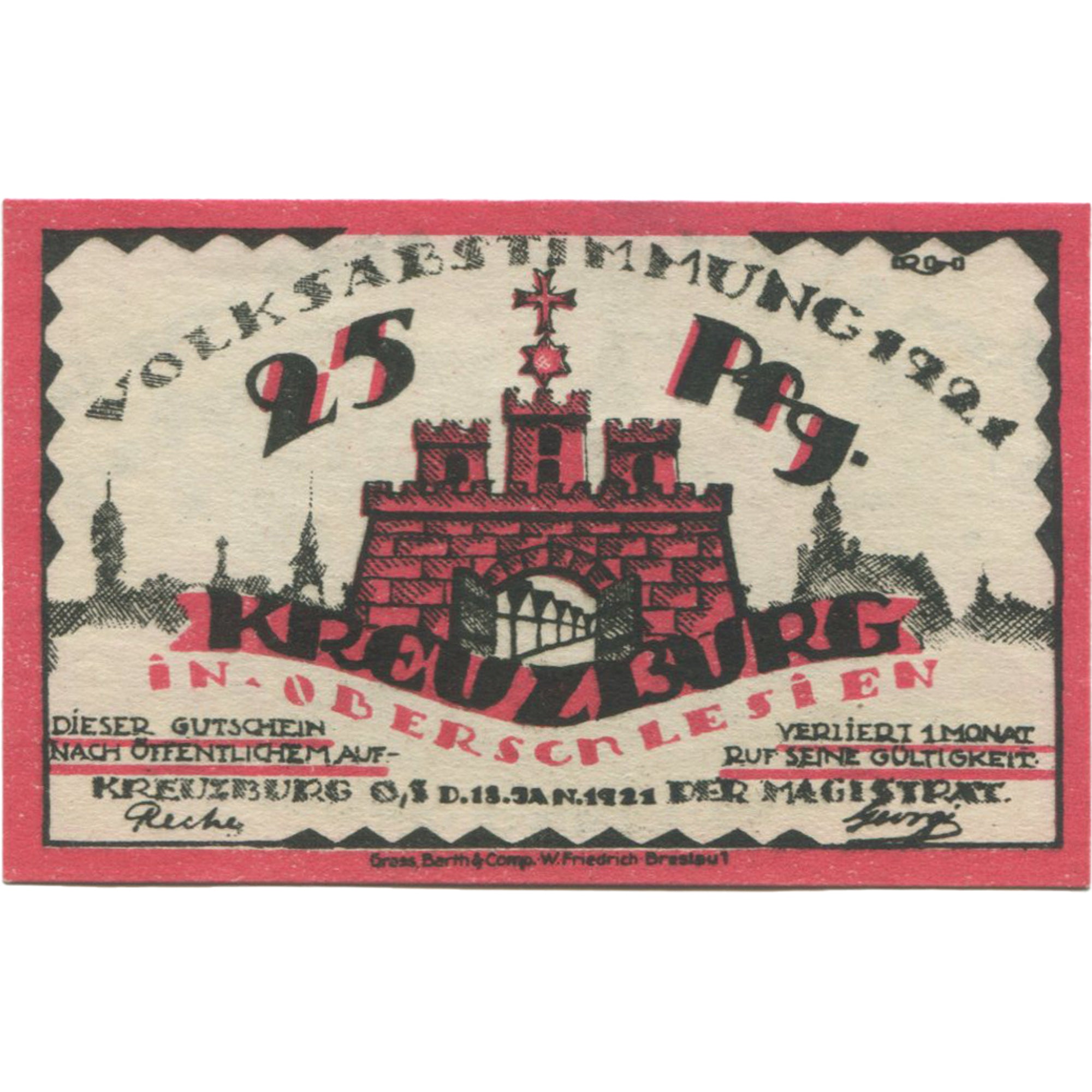 Geldschein, Deutschland, Kreuzburg, 25 Pfennig, château, 1921 UNZ- Mehl:744.1