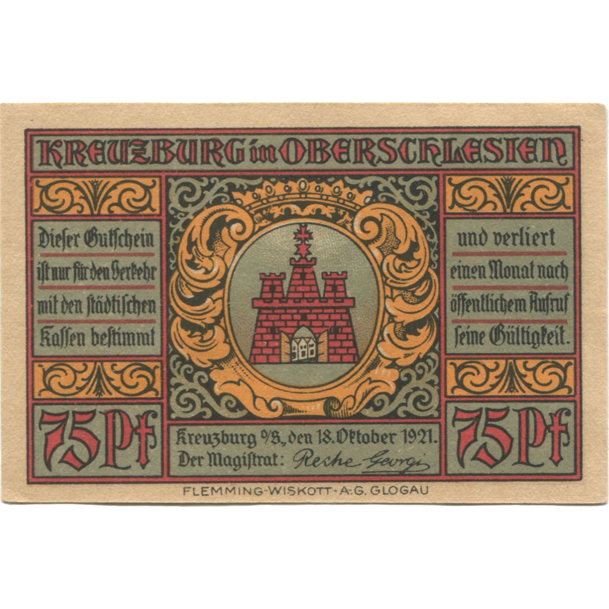 Geldschein, Deutschland, Kreuzburg, 75 Pfennig, rue 1921-10-18, UNZ- Mehl:744.2