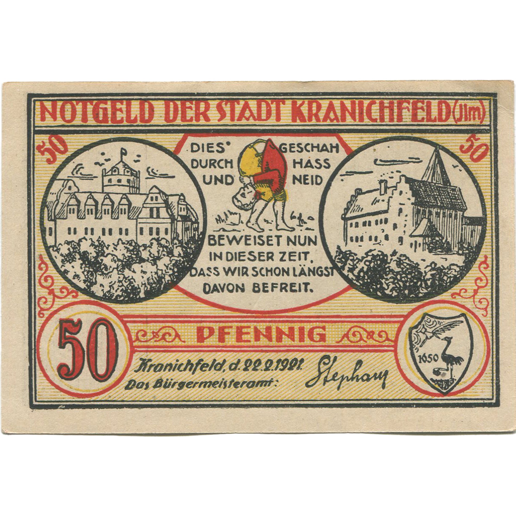 Geldschein, Deutschland, Kranichfeld, 50 Pfennig, château, 1921 UNZ- Mehl:741.1