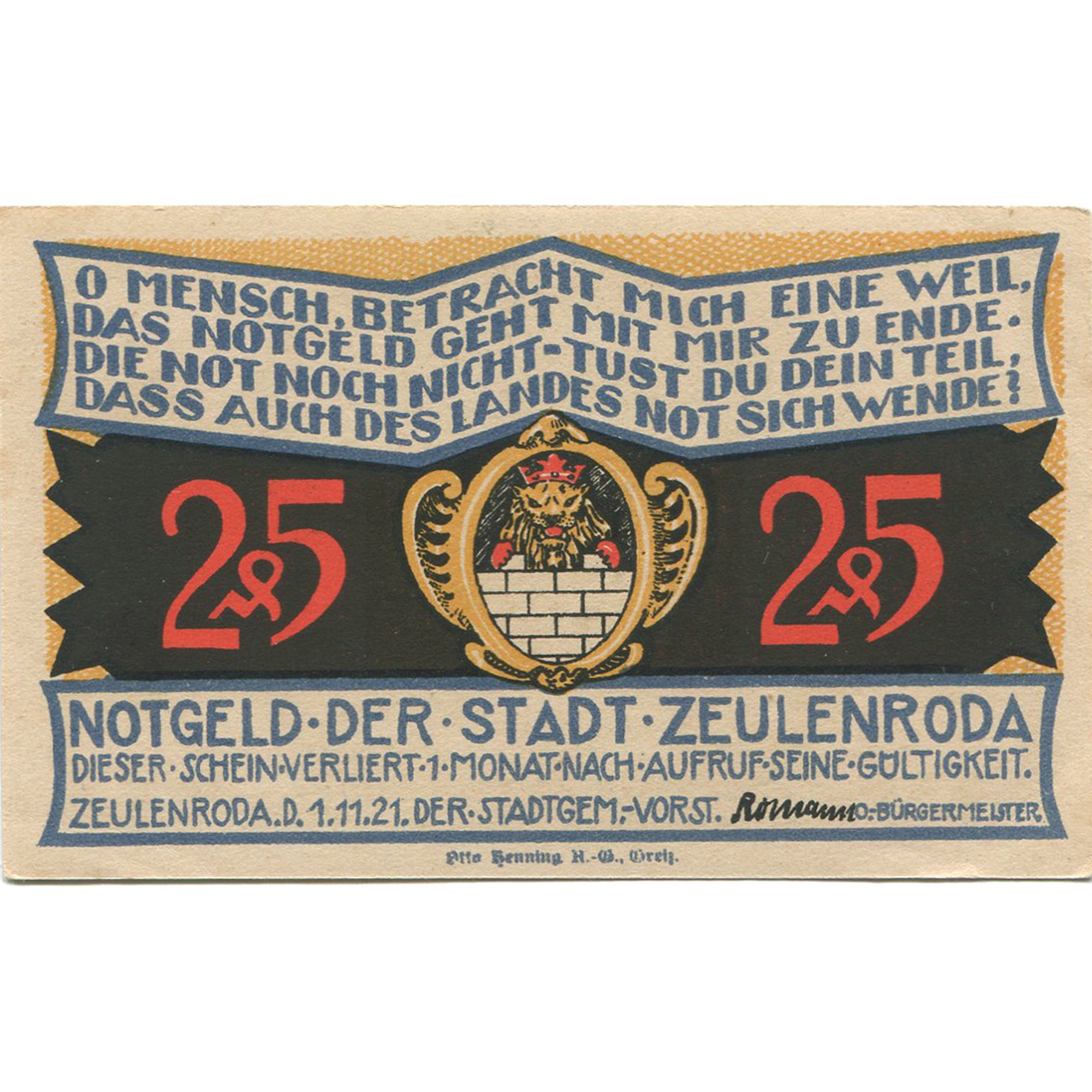 Banknot, Niemcy, Zeulenroda, 25 Pfennig, rue 1921-11-01, UNC(63) Mehl:1470.1