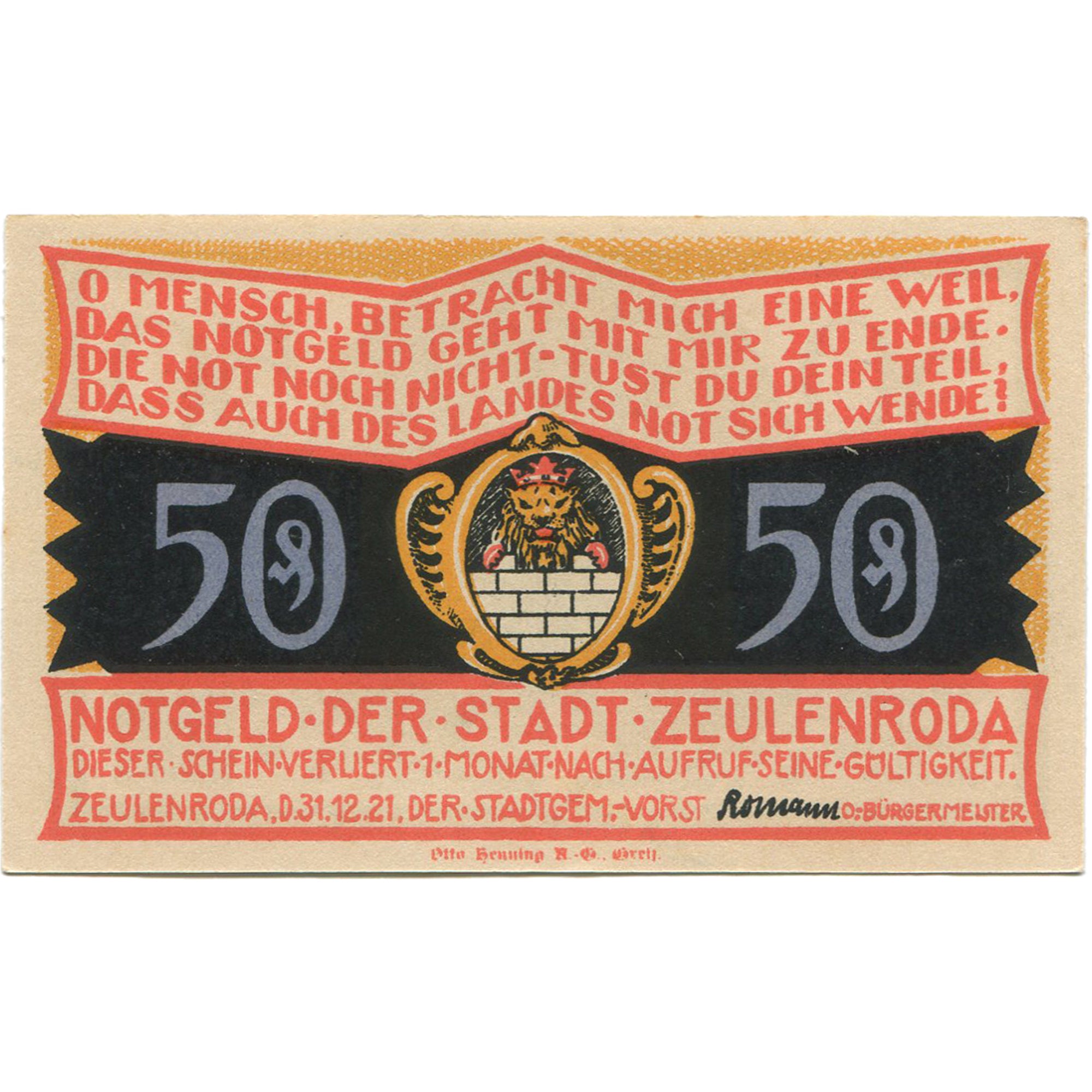 Billet, Allemagne, Zeulenroda, 50 Pfennig, arbre, 1921 SPL Mehl:1470.1
