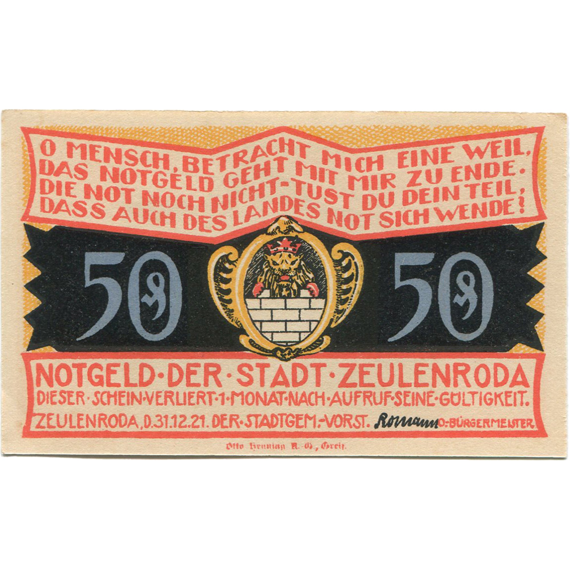 Banconote, Germania, Zeulenroda, 50 Pfennig, ferme 1921-11-01, SPL Mehl:1470.1