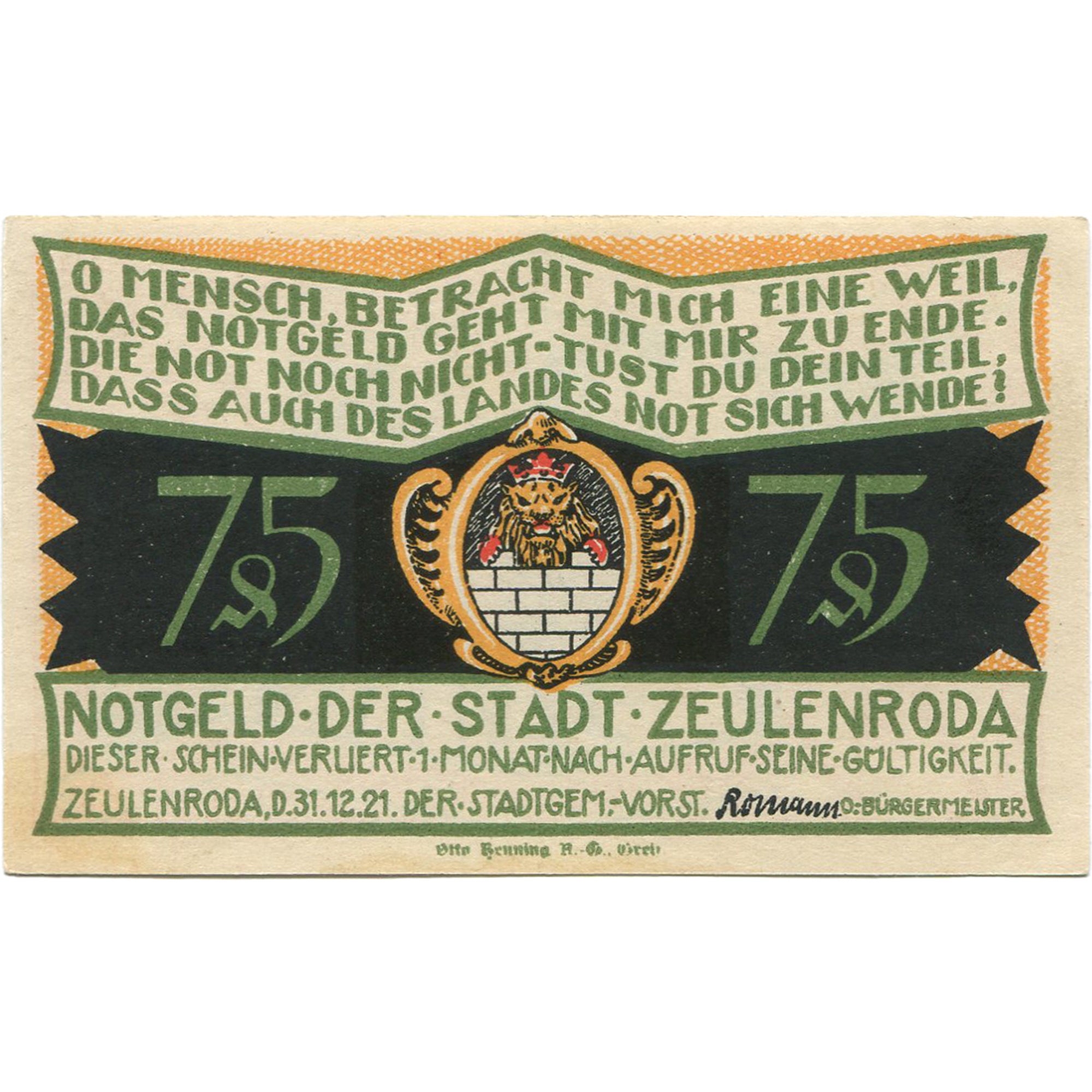 Geldschein, Deutschland, Zeulenroda, 75Pfennig personnage, 1921 UNZ- Mehl:1470.1