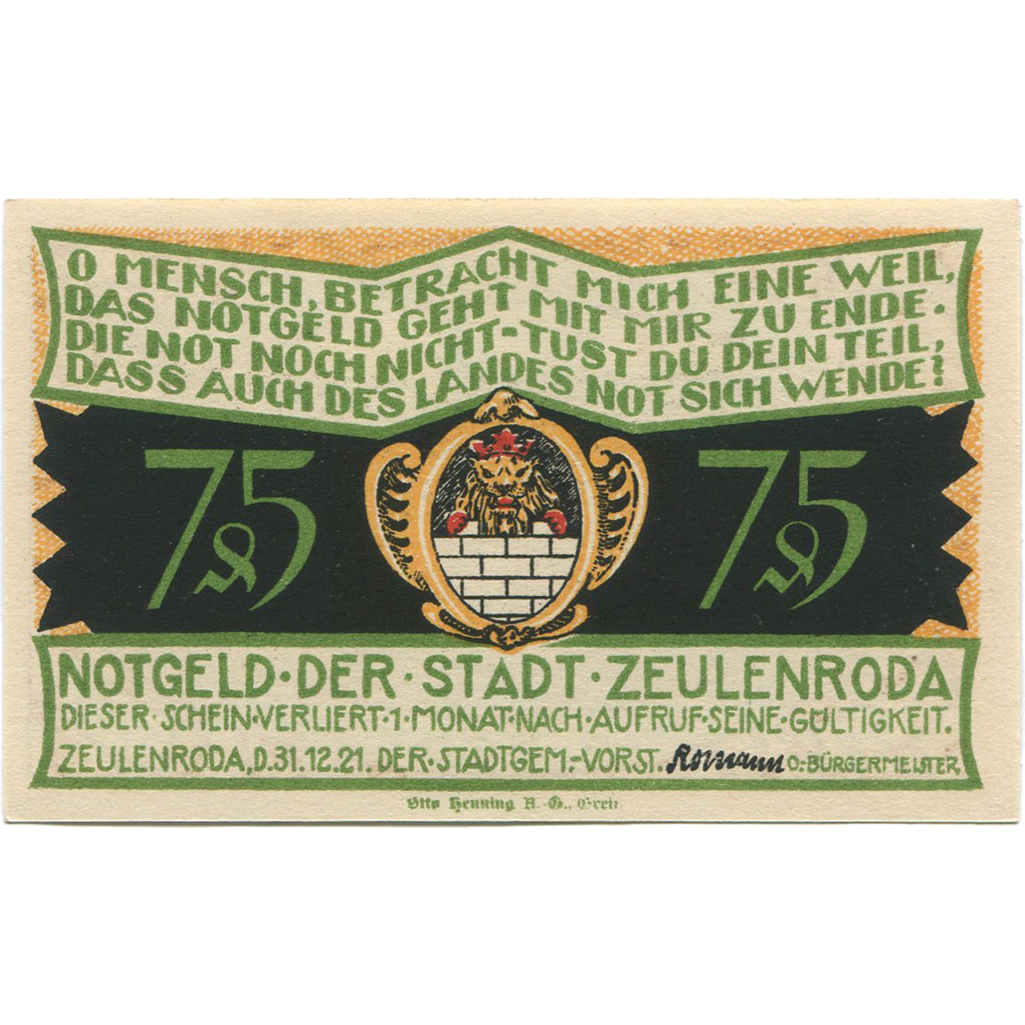 Geldschein Deutschland Zeulenroda 75 Pfennig personnage 1, 1921 UNZ- Mehl:1470.1