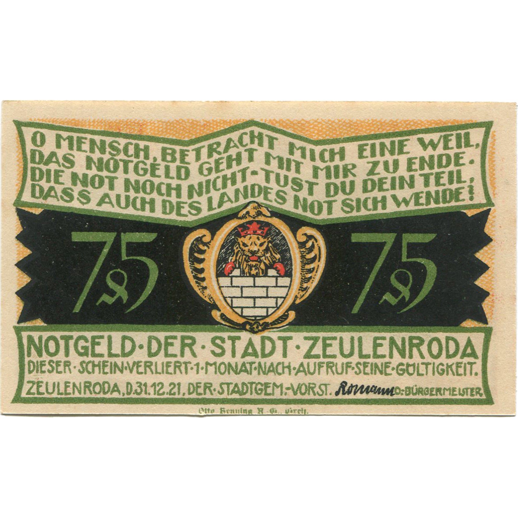 Banconote, Germania, Zeulenroda, 75 Pfennig, personnage 3, 1921 SPL Mehl:1470.1