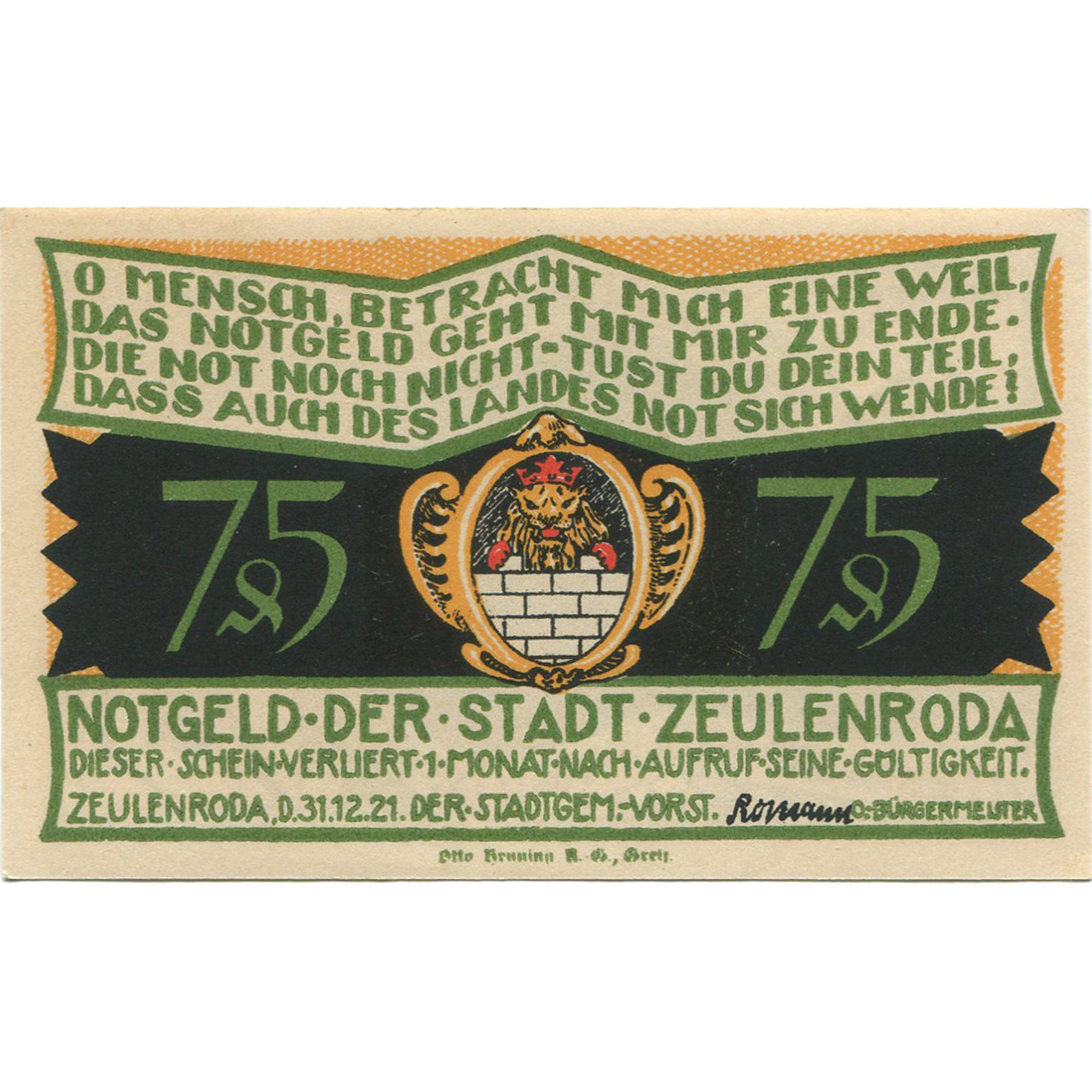 Banconote, Germania, Zeulenroda, 75 Pfennig, personnage 4, 1921 SPL Mehl:1470.1