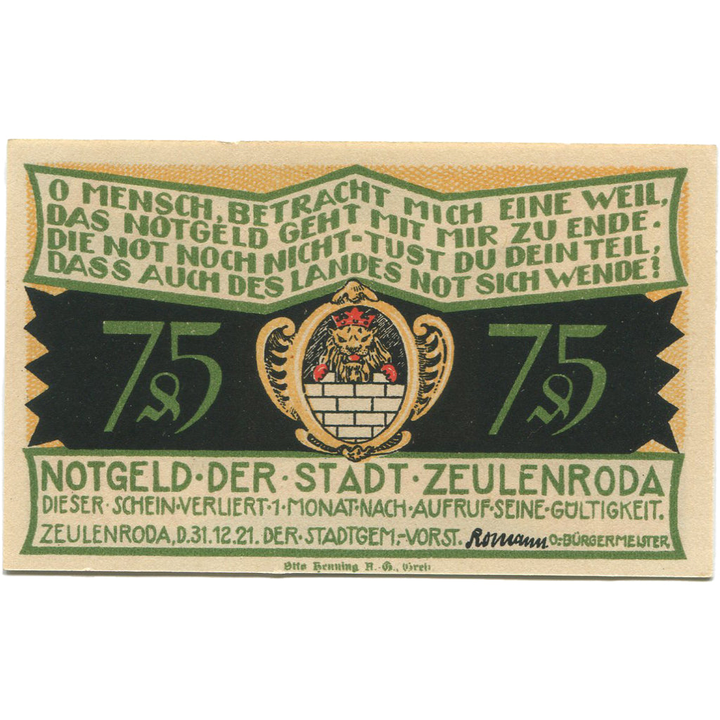 Geldschein, Deutschland, Zeulenroda, 75 Pfennig, village, 1921 UNZ- Mehl:1470.1