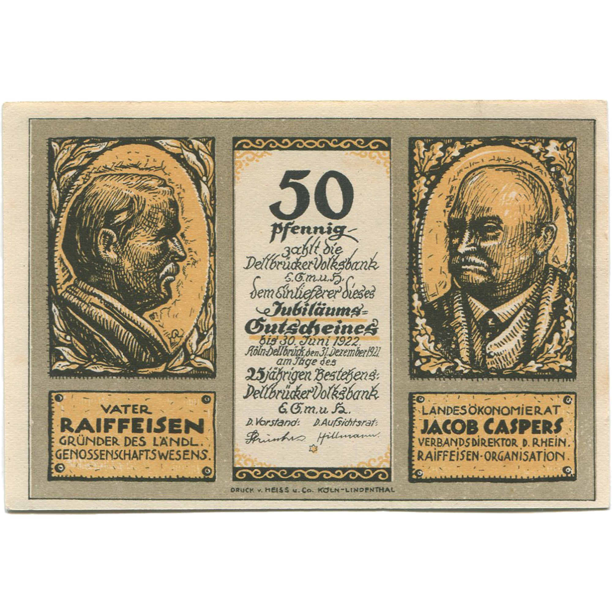 Banknot, Niemcy, Köln, 50 Pfennig, portrait, 1922, UNC(63), Mehl:719.1b